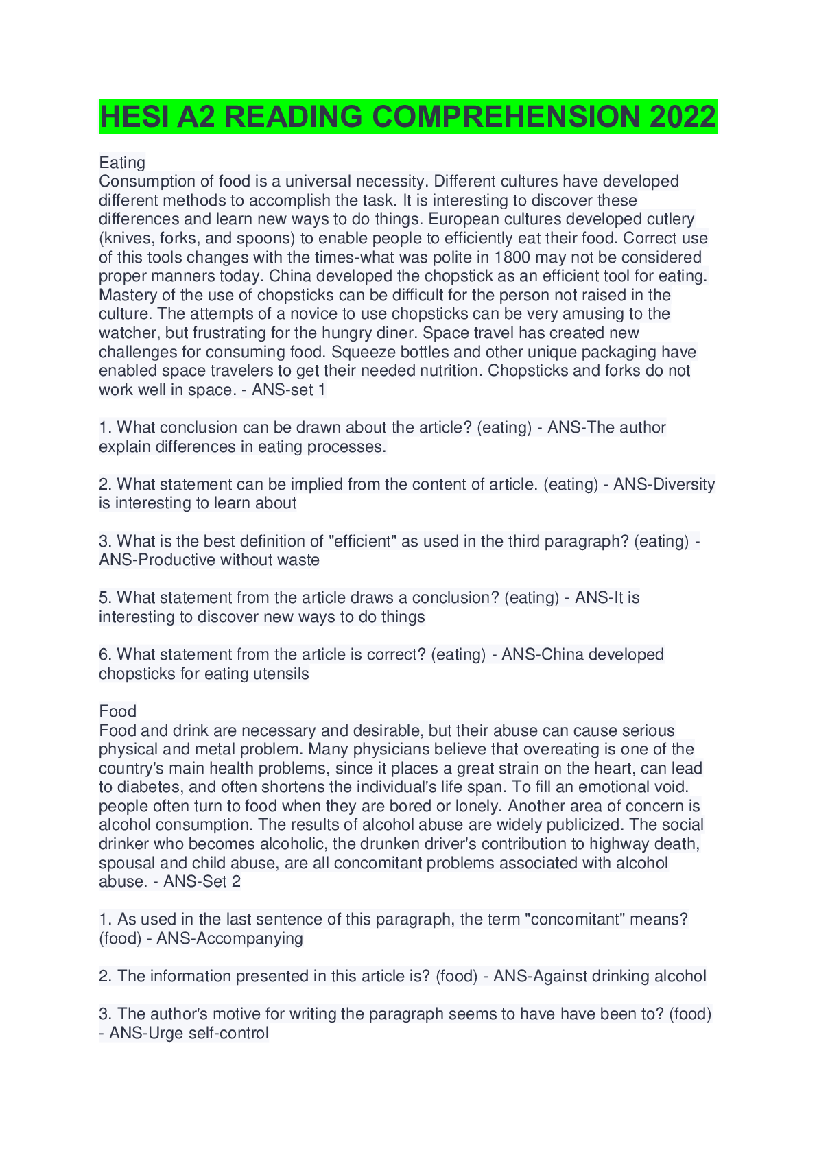 Preview image of HESI A2 READING COMPREHENSION 2022 document